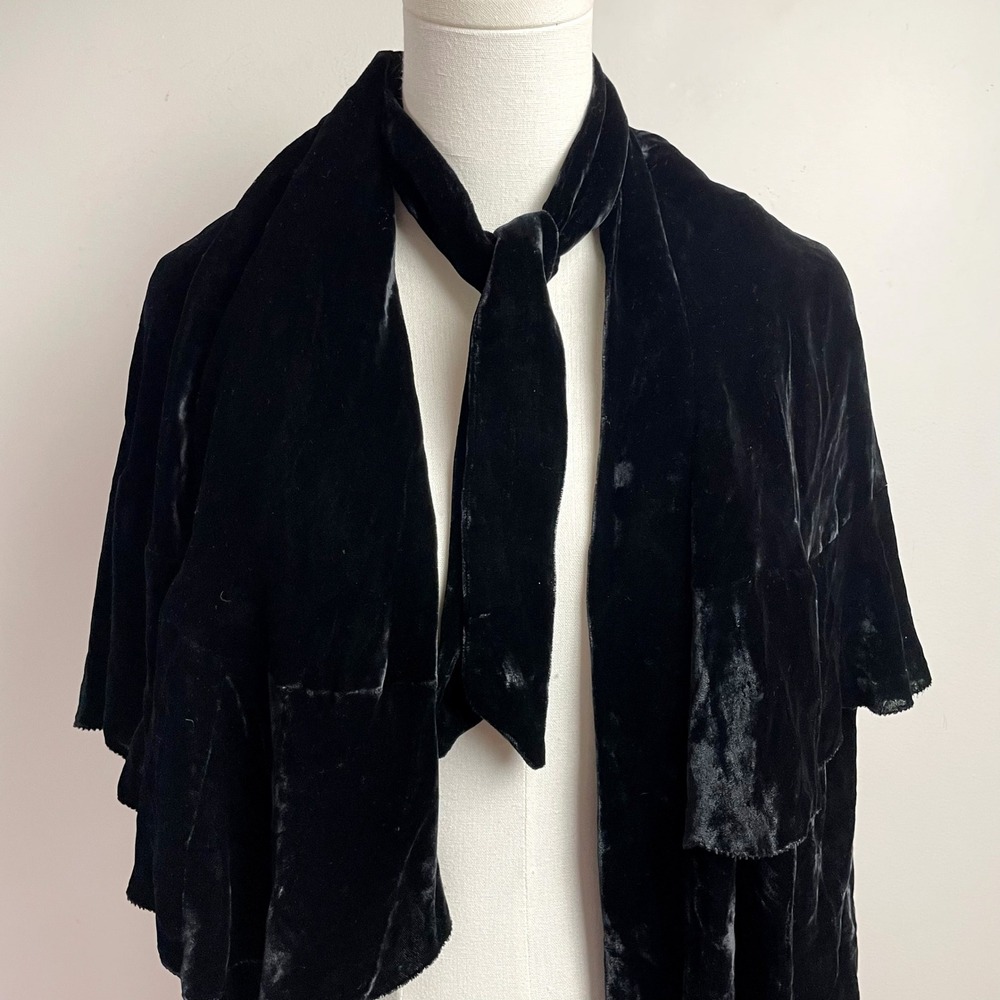 Vintage Black Velvet Tiered Ruffle Cape Neck Tie Gothic Romantic Whimsigoth